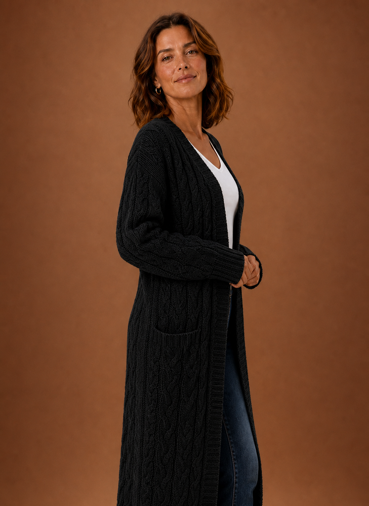 Hooded Cable Knit Cardigan Women — Chunky Duster Length 6