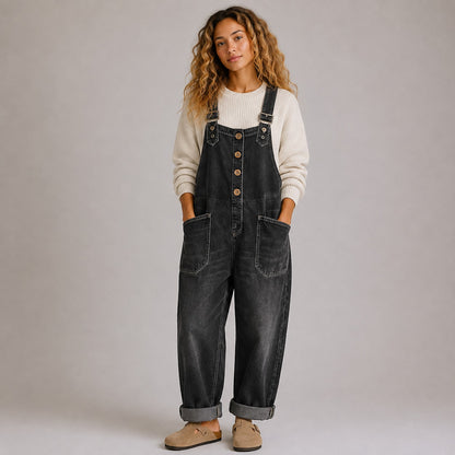 Vintage Soft Cotton Denim-Look Overalls with Adjustable Straps