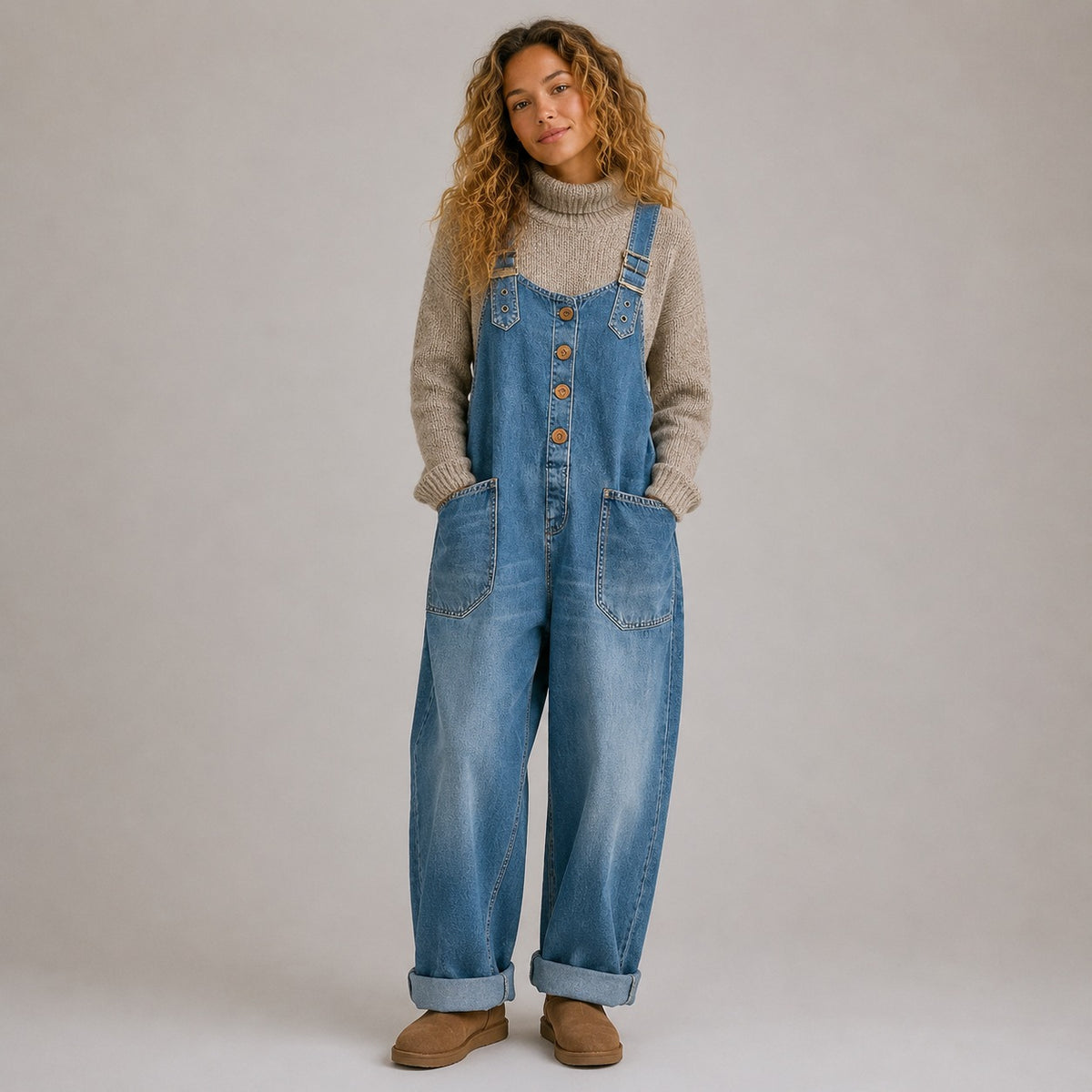 Vintage Soft Cotton Denim-Look Overalls with Adjustable Straps