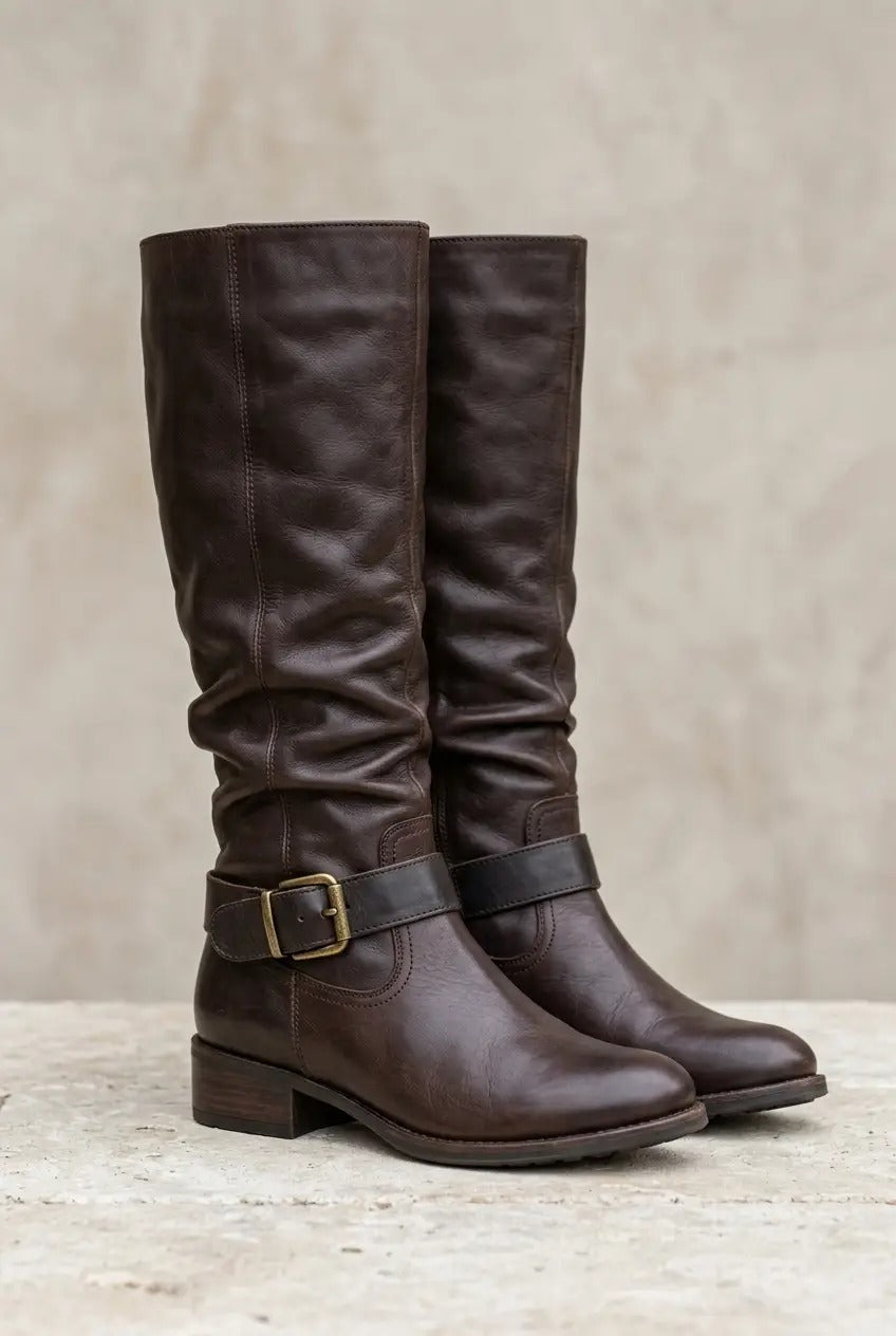 Women's brown buckle knee-high boots, front view