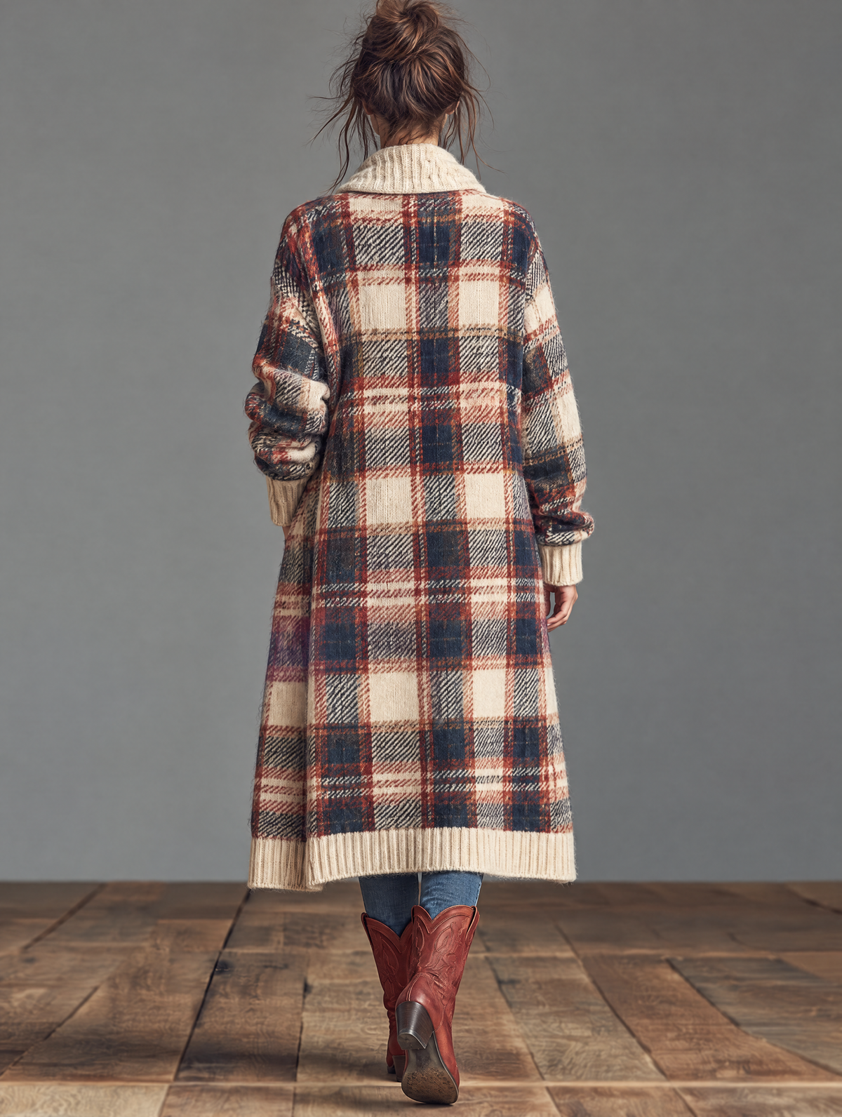 Vintage Plaid Jacquard Shawl-Collar Toggle Cardigan Women 4