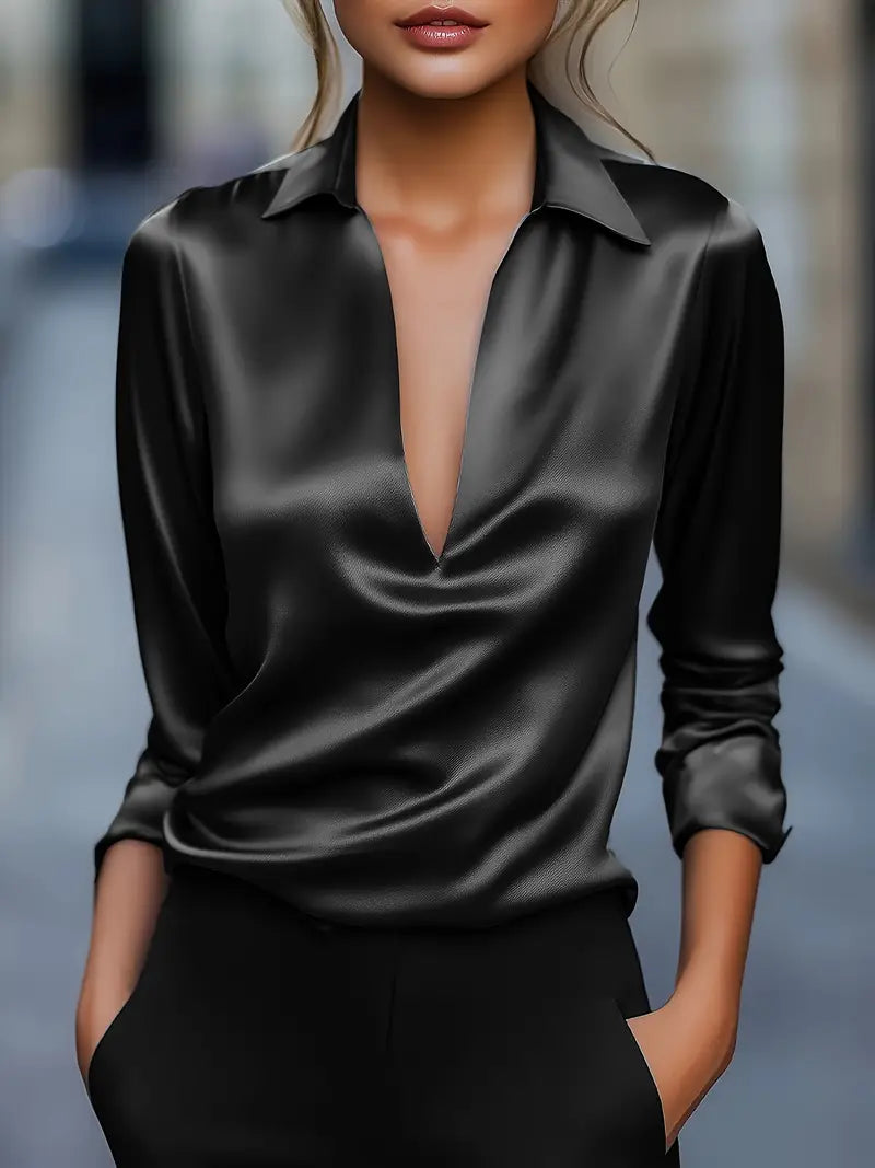 Satin V-Neck Draped Collar Blouse — Long Sleeve Elegance 4