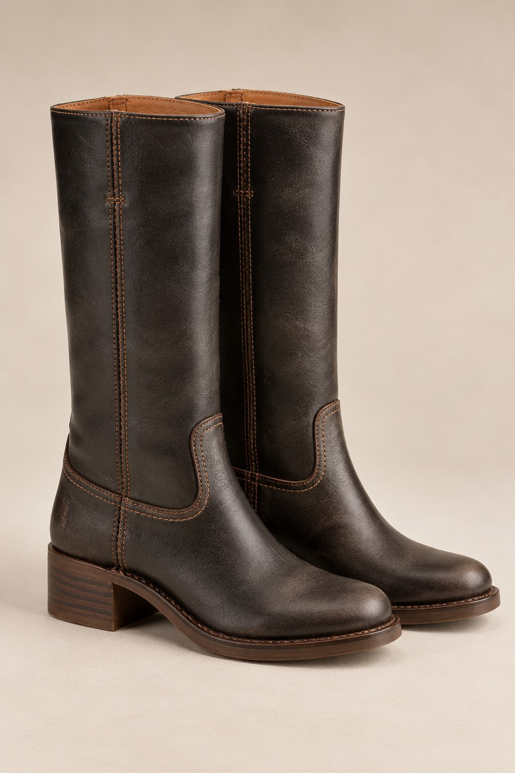Carol Mid Calf Western Boots with Block Heel & Stitch Detail