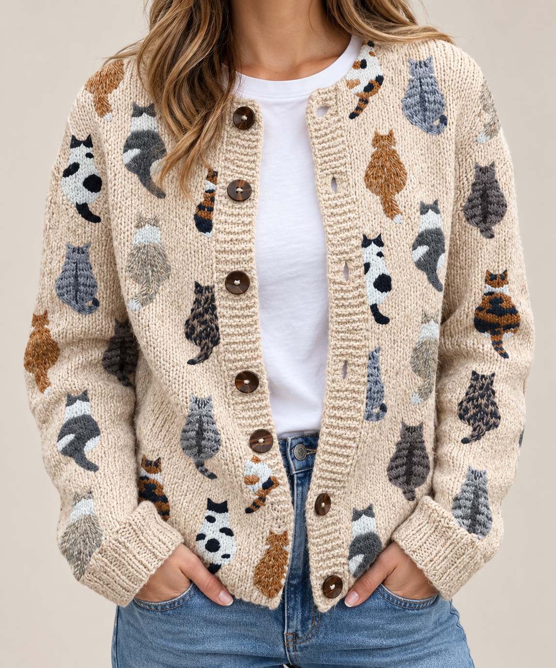 Cat Print Cardigan – Cozy Knit Layer with Playful Cat Design
