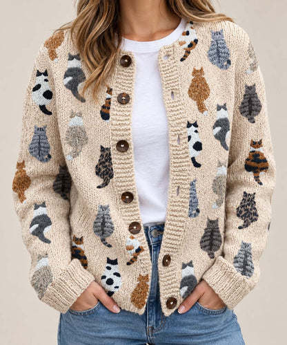 Cat Print Cardigan – Cozy Knit Layer with Playful Cat Design