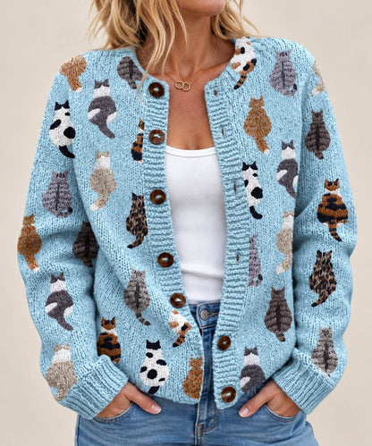 Cat Print Cardigan – Cozy Knit Layer with Playful Cat Design