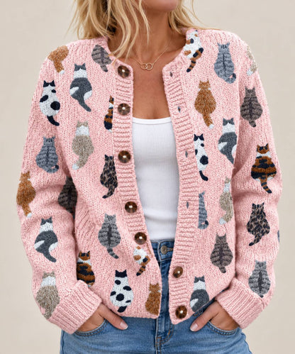 Cat Print Cardigan – Cozy Knit Layer with Playful Cat Design