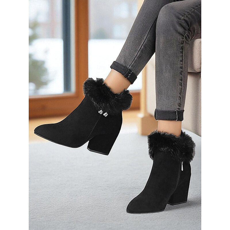 Fur-Trimmed Block Heel Ankle Boots — Women's Side Zip 2