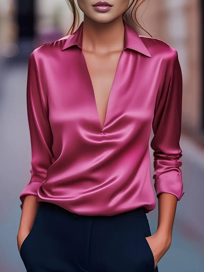 Satin V-Neck Draped Collar Blouse — Long Sleeve Elegance 8
