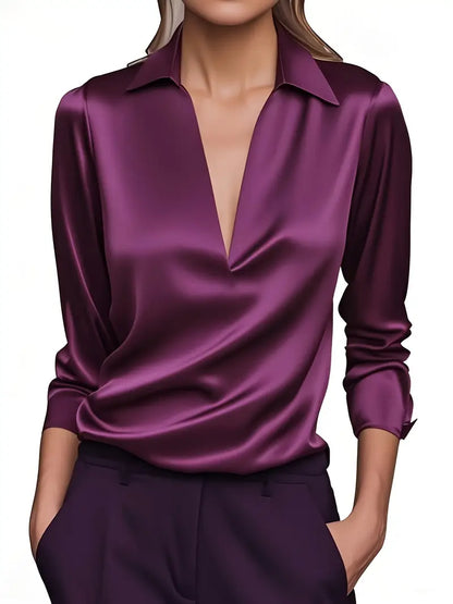 Satin V-Neck Draped Collar Blouse — Long Sleeve Elegance 12