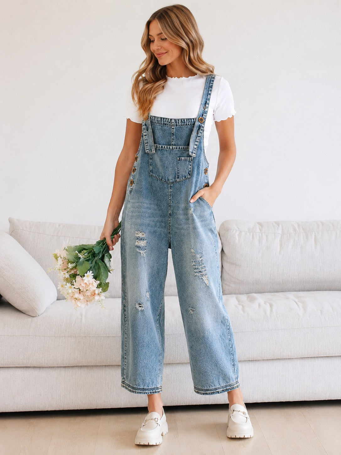 Distressed Denim Overalls Wide Leg Relaxed Fit Dungarees