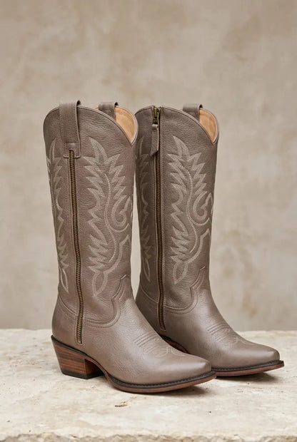 Women's taupe side-zip western boots, front view