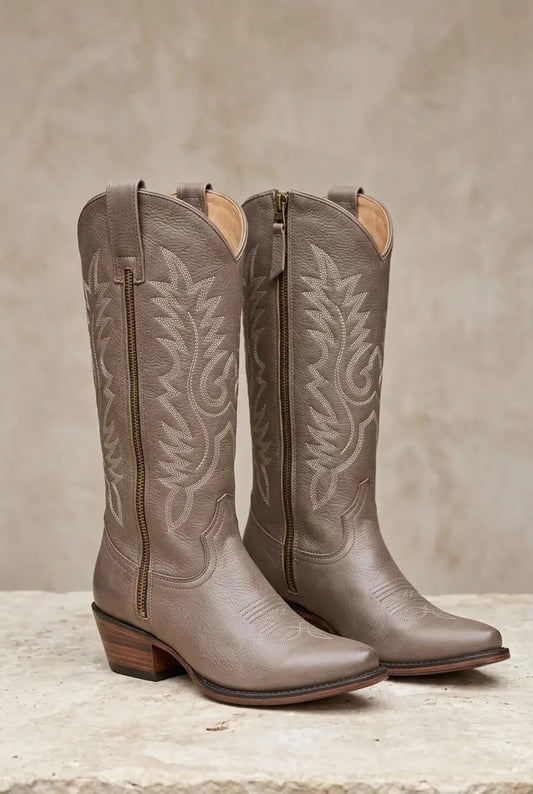 Women's taupe side-zip western boots, front view