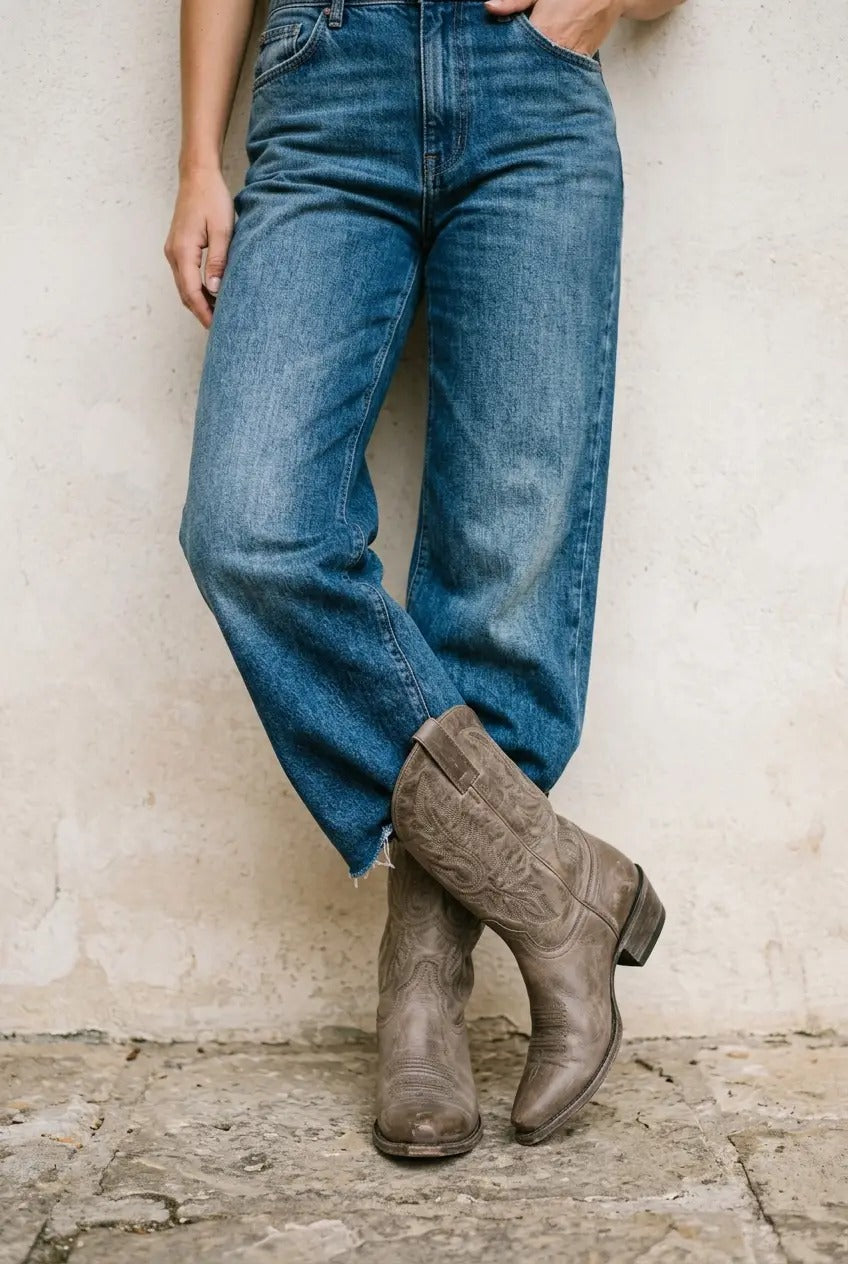 Women's taupe side-zip western boots, back view
