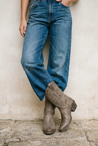 Women's taupe side-zip western boots, back view