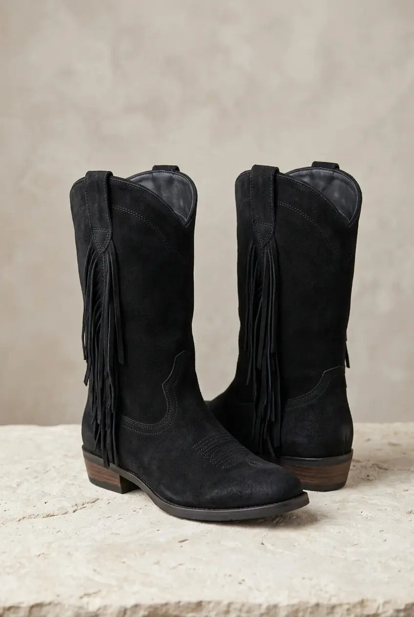 Women's black fringe western boots, front view