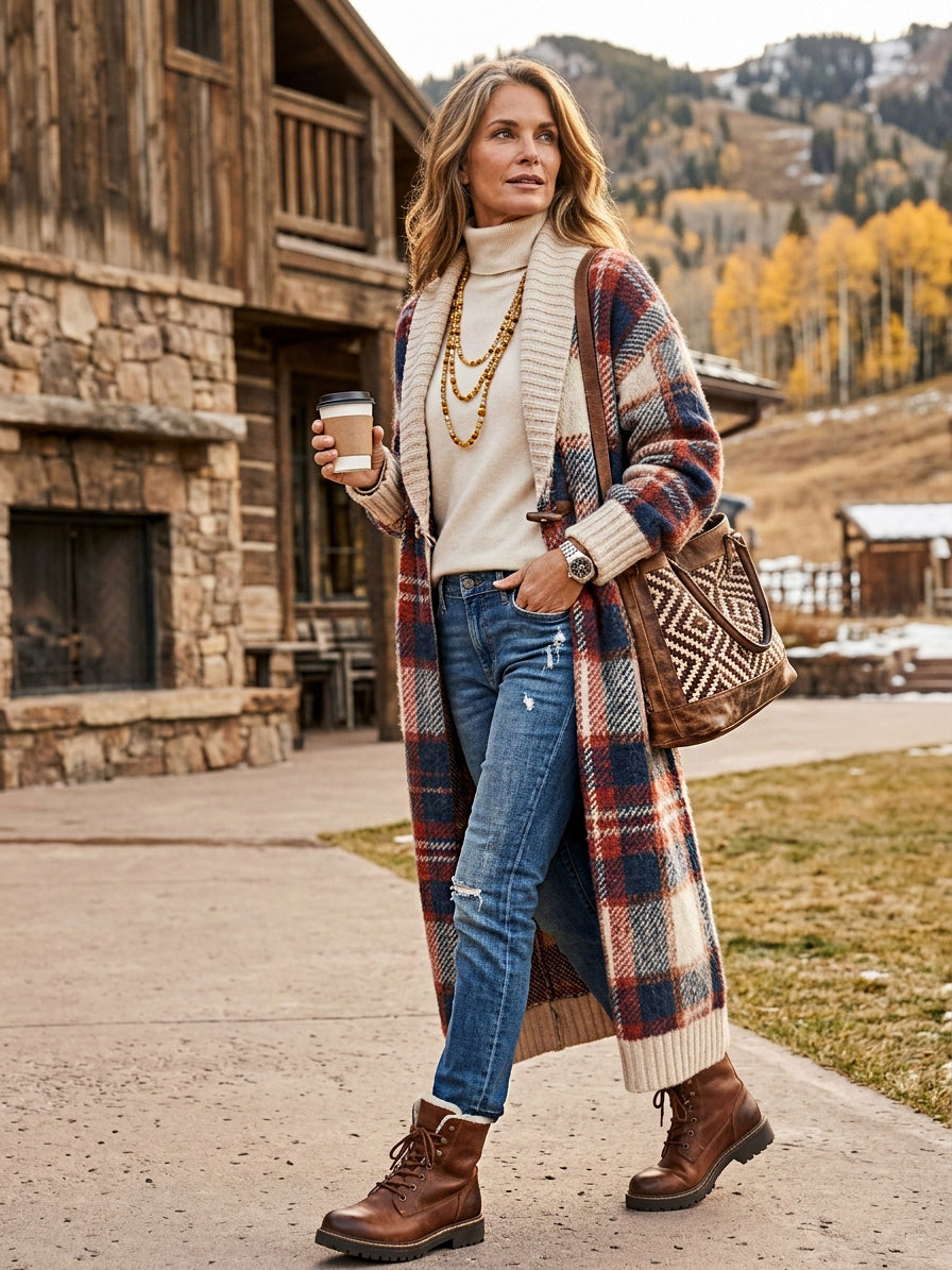 Vintage Plaid Jacquard Shawl-Collar Toggle Cardigan Women 2