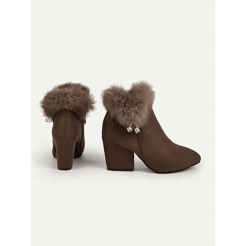 Fur-Trimmed Block Heel Ankle Boots — Women's Side Zip 7