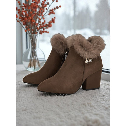 Fur-Trimmed Block Heel Ankle Boots — Women's Side Zip 1