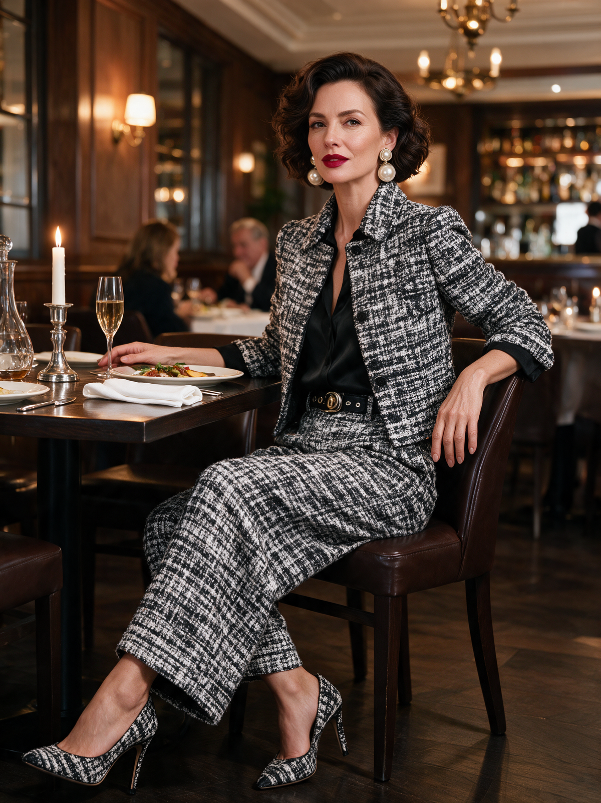 Tweed Cropped Jacket & Wide-Leg Pants Set for Women 2