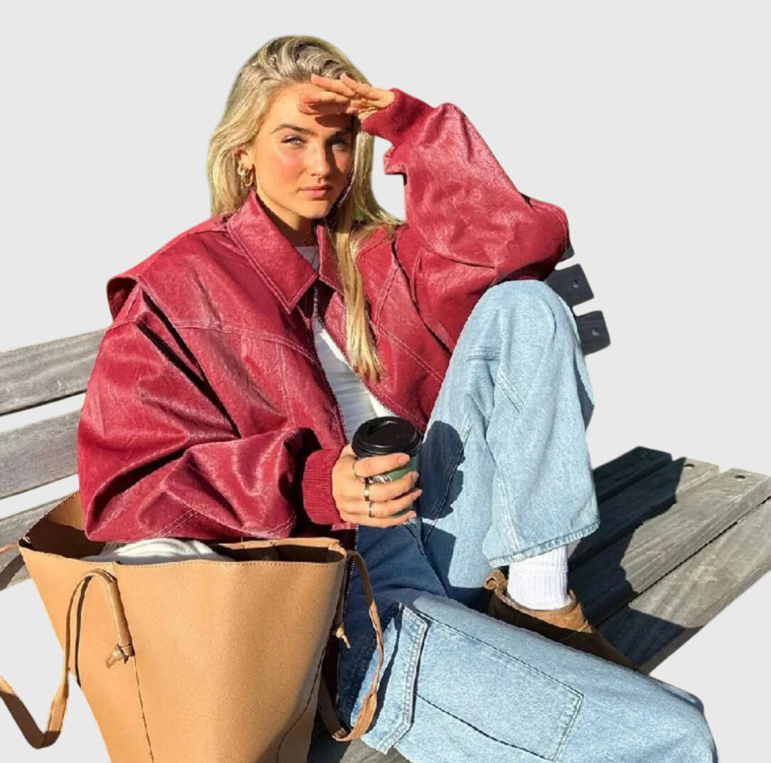 Faye™ Oversized Red Leather Jacket — Women's Statement Coat 3