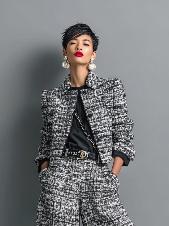Tweed Cropped Jacket & Wide-Leg Pants Set for Women 4