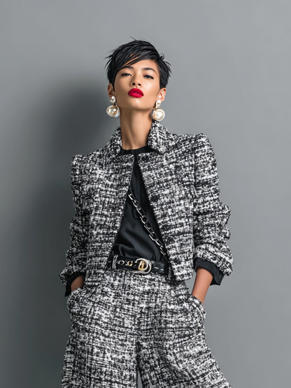 Tweed Cropped Jacket & Wide-Leg Pants Set for Women 4