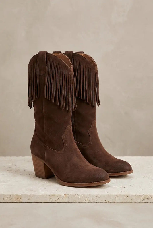 Women's chocolate brown short-fringe boots, front view