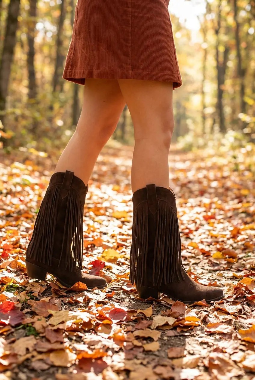 Close-up of short layered fringe on chocolate boot shaft