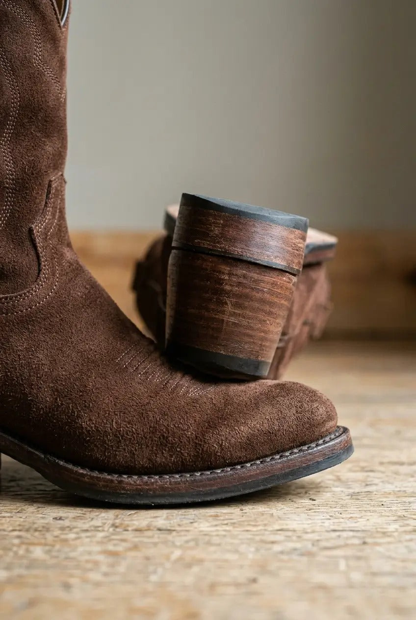 Women's chocolate short-fringe block-heel boots, back view