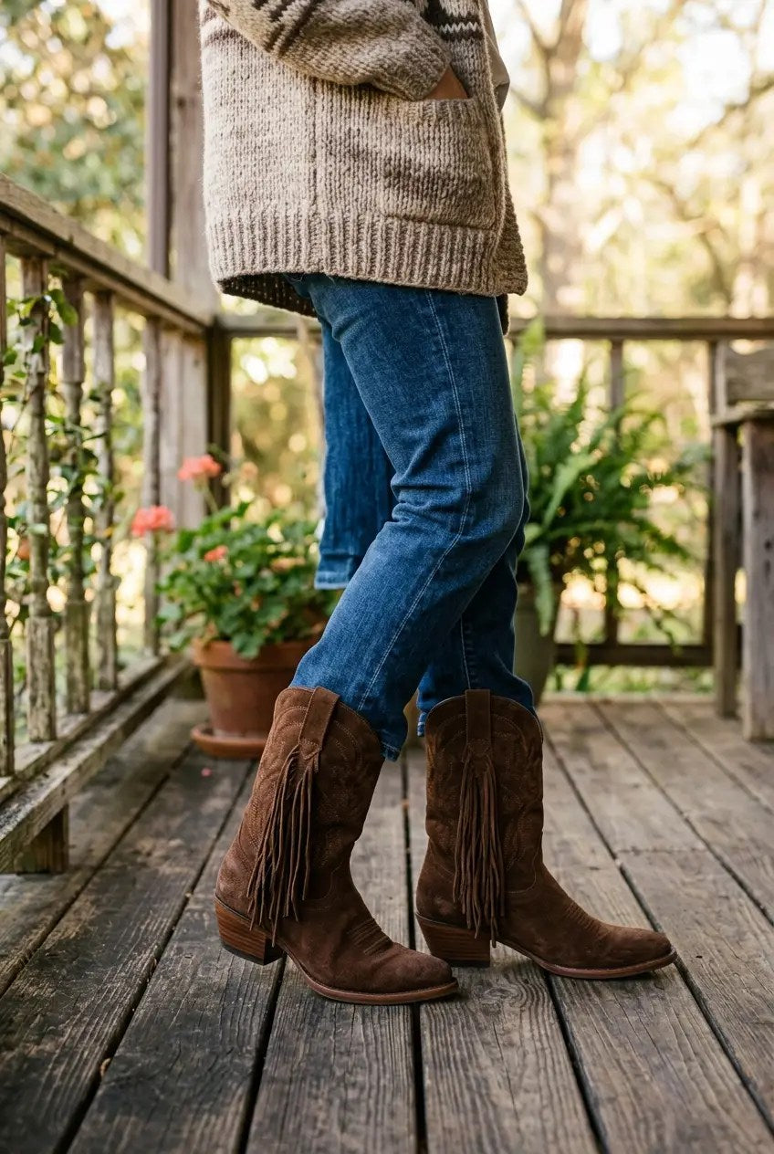 Chocolate short-fringe boots styled with trousers