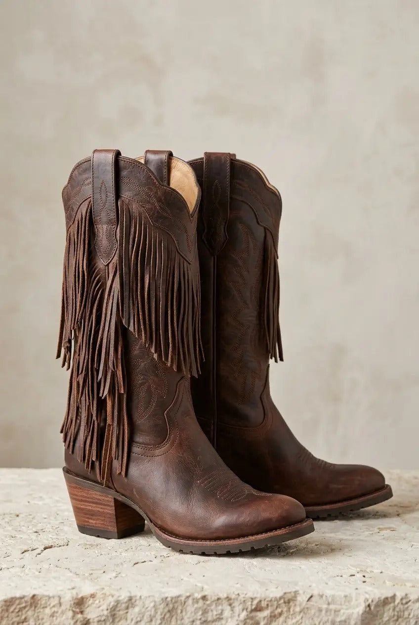 Women's cognac fringe boots with block heel, front view