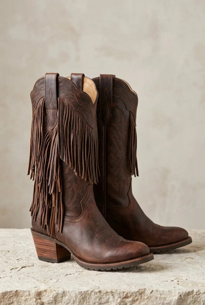 Women's cognac fringe boots with block heel, front view
