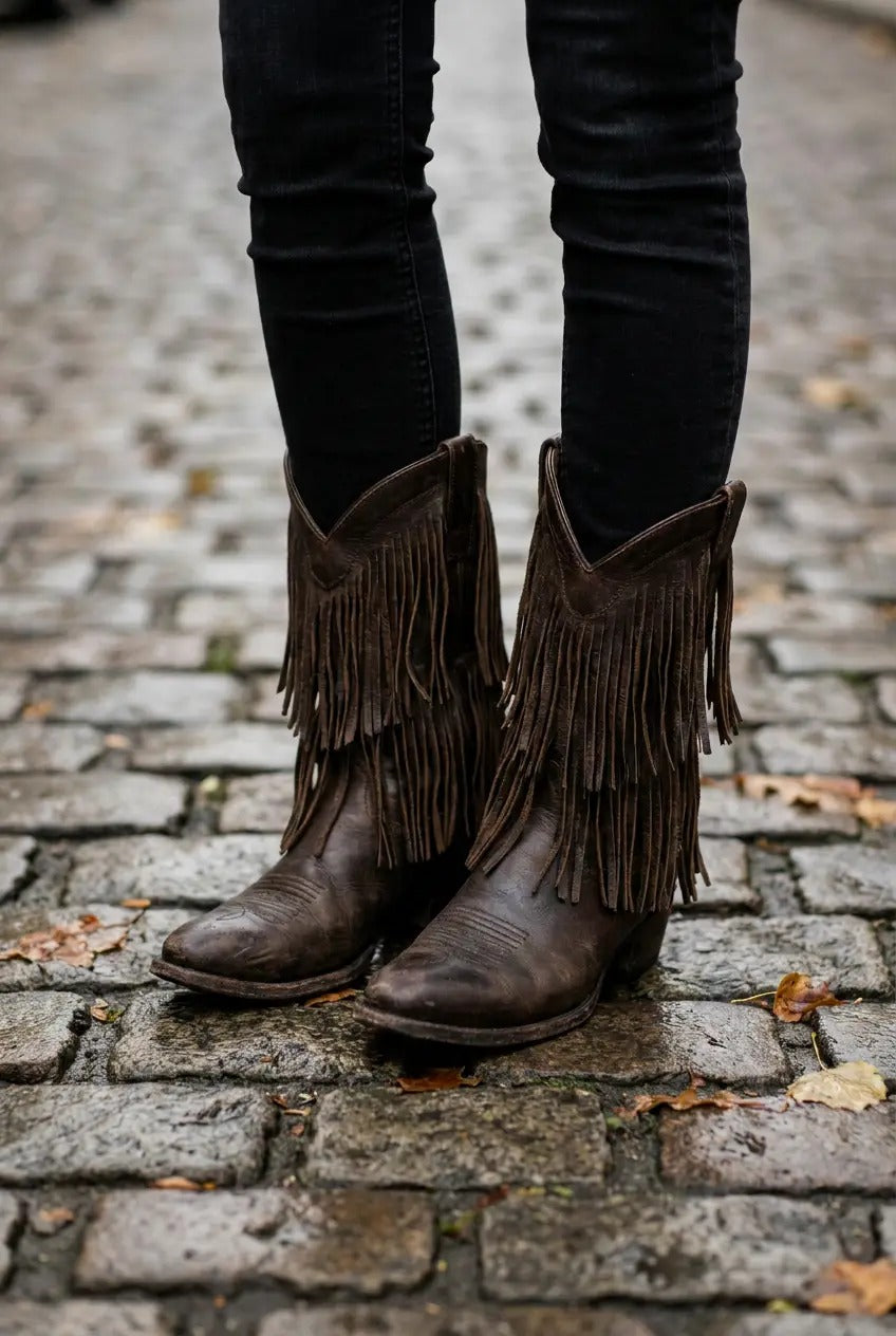 Cognac fringe boots styled with jeans