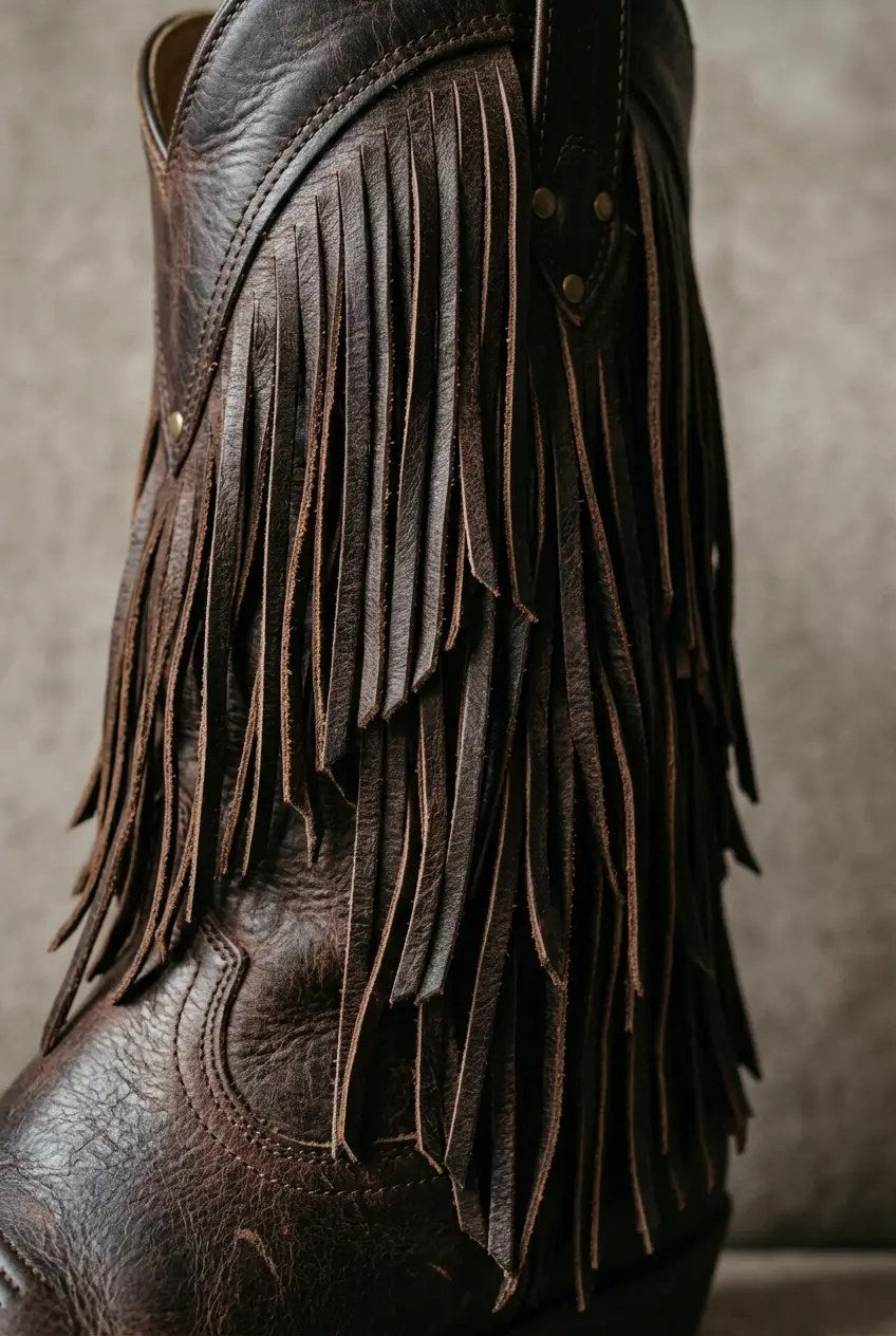 Close-up of layered fringe and block heel on cognac boot