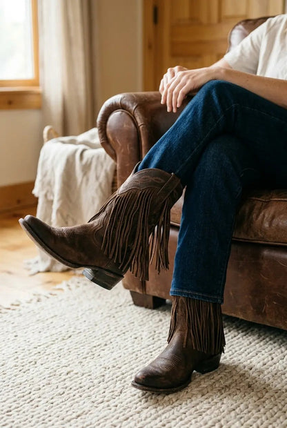 Women's cognac fringe block-heel boots, back view
