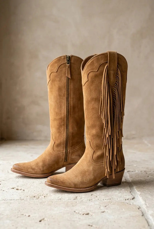 Women's dark brown fringe western boots with side zip, front view