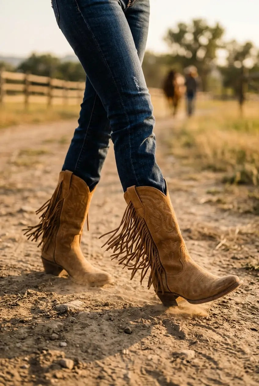 Dark brown fringe boots styled with denim