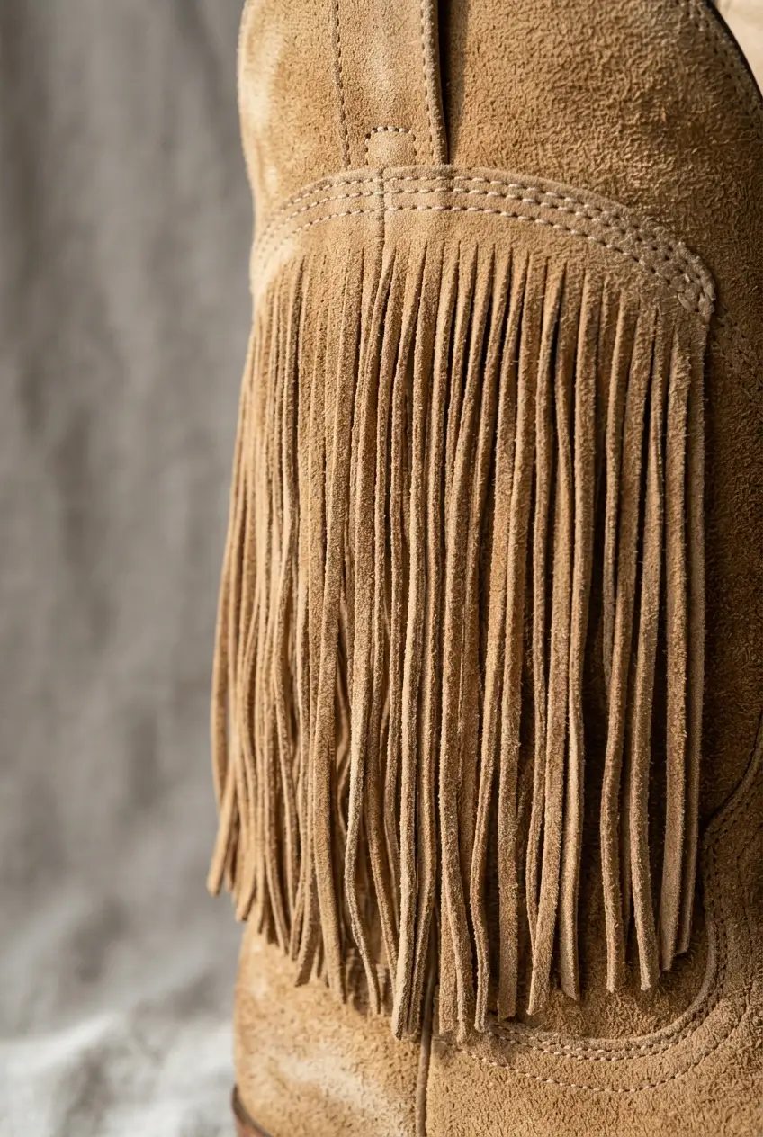 Close-up of fringe detailing and side zip on dark brown boot