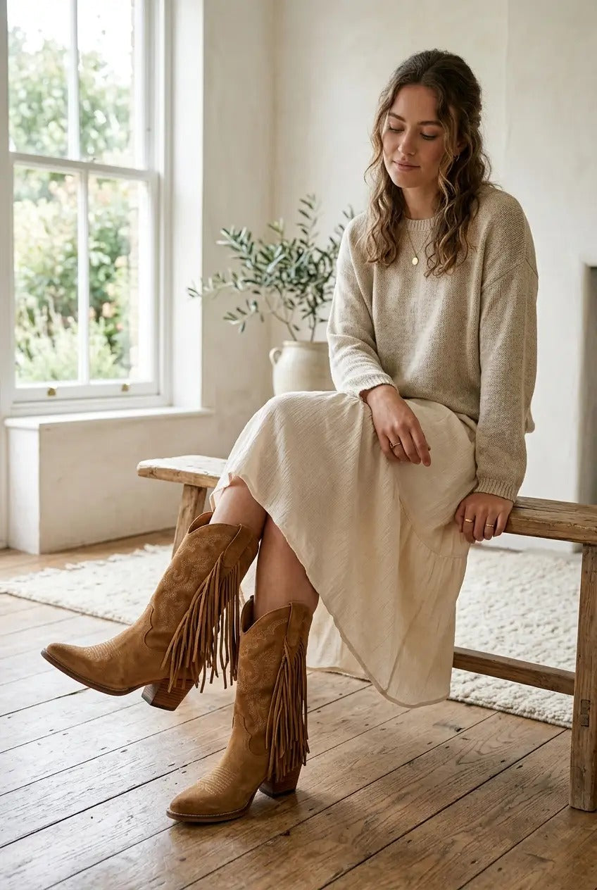 Women's dark brown side-zip fringe boots, back view