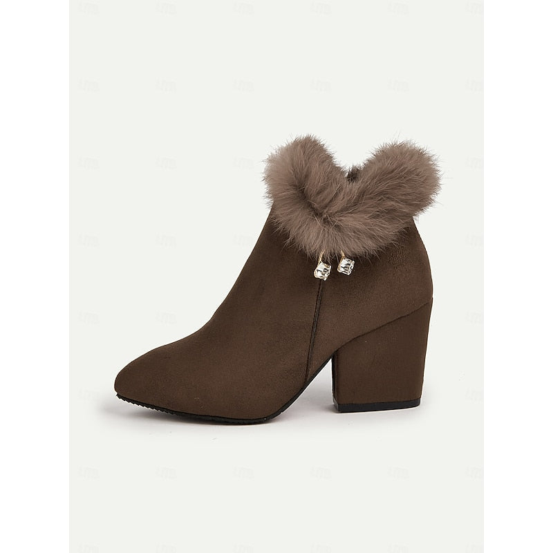 Fur-Trimmed Block Heel Ankle Boots — Women's Side Zip 8