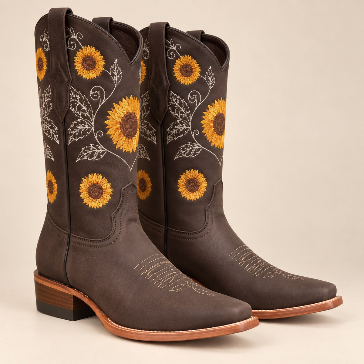 Women's Embroidered Knee-High Boots — Khaki Sunflower, Square Toe