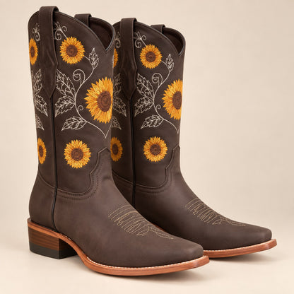 Women's Embroidered Knee-High Boots — Khaki Sunflower, Square Toe