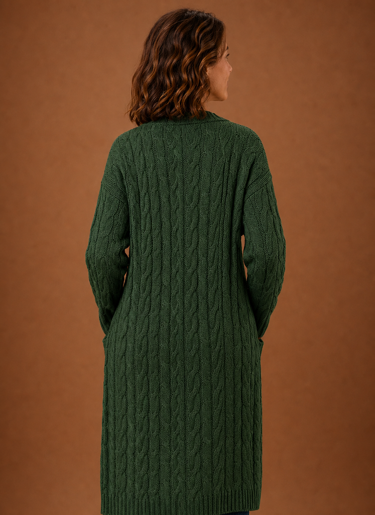 Hooded Cable Knit Cardigan Women — Chunky Duster Length 3