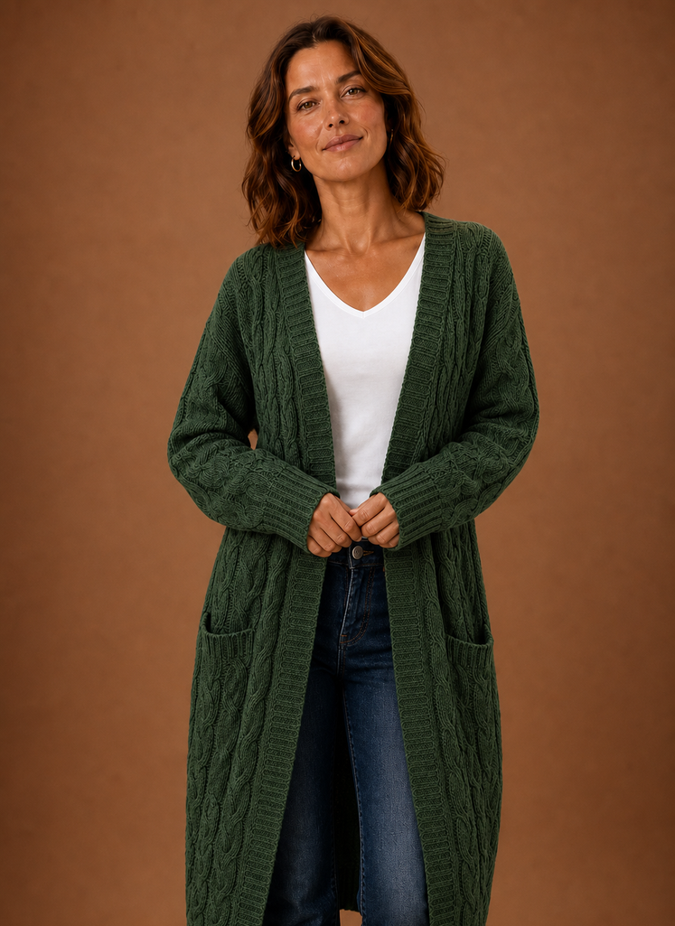 Hooded Cable Knit Cardigan Women — Chunky Duster Length 1