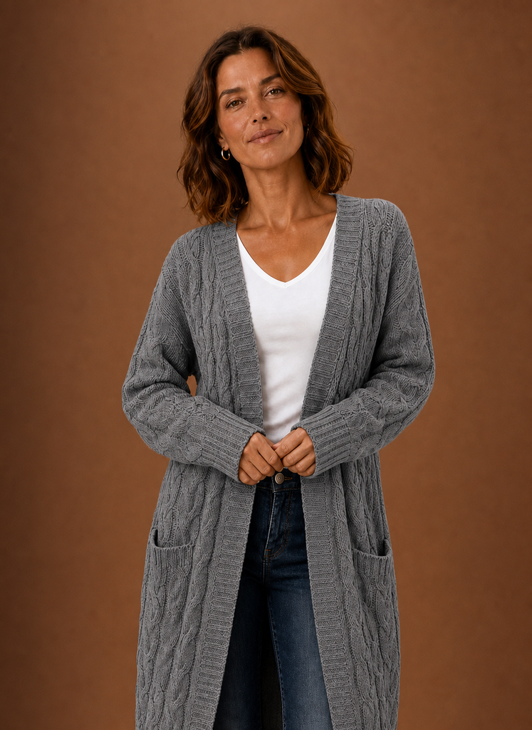 Hooded Cable Knit Cardigan Women — Chunky Duster Length 13