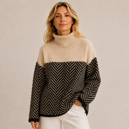 Herringbone Knit Sweater with Stand-Up Collar & Relaxed Fit