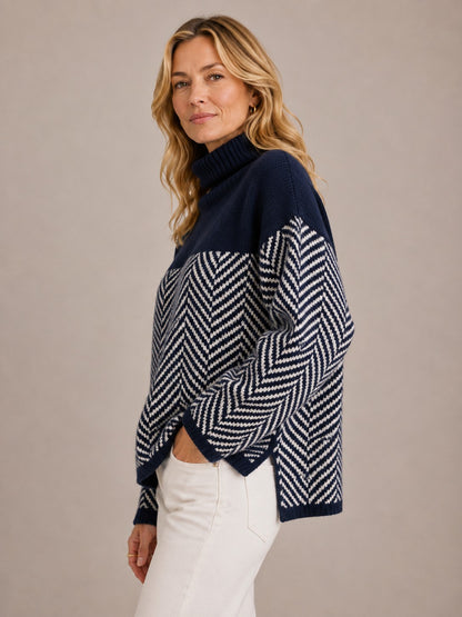 Herringbone Knit Sweater with Stand-Up Collar & Relaxed Fit