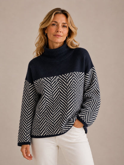 Herringbone Knit Sweater with Stand-Up Collar & Relaxed Fit