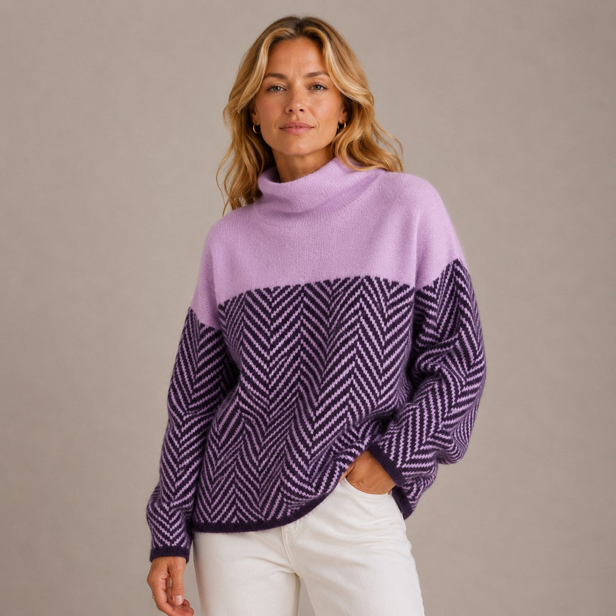 Herringbone Knit Sweater with Stand-Up Collar & Relaxed Fit